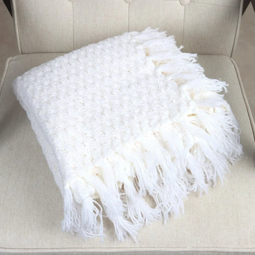 White Crochet Blanket with Tassels, Handmade